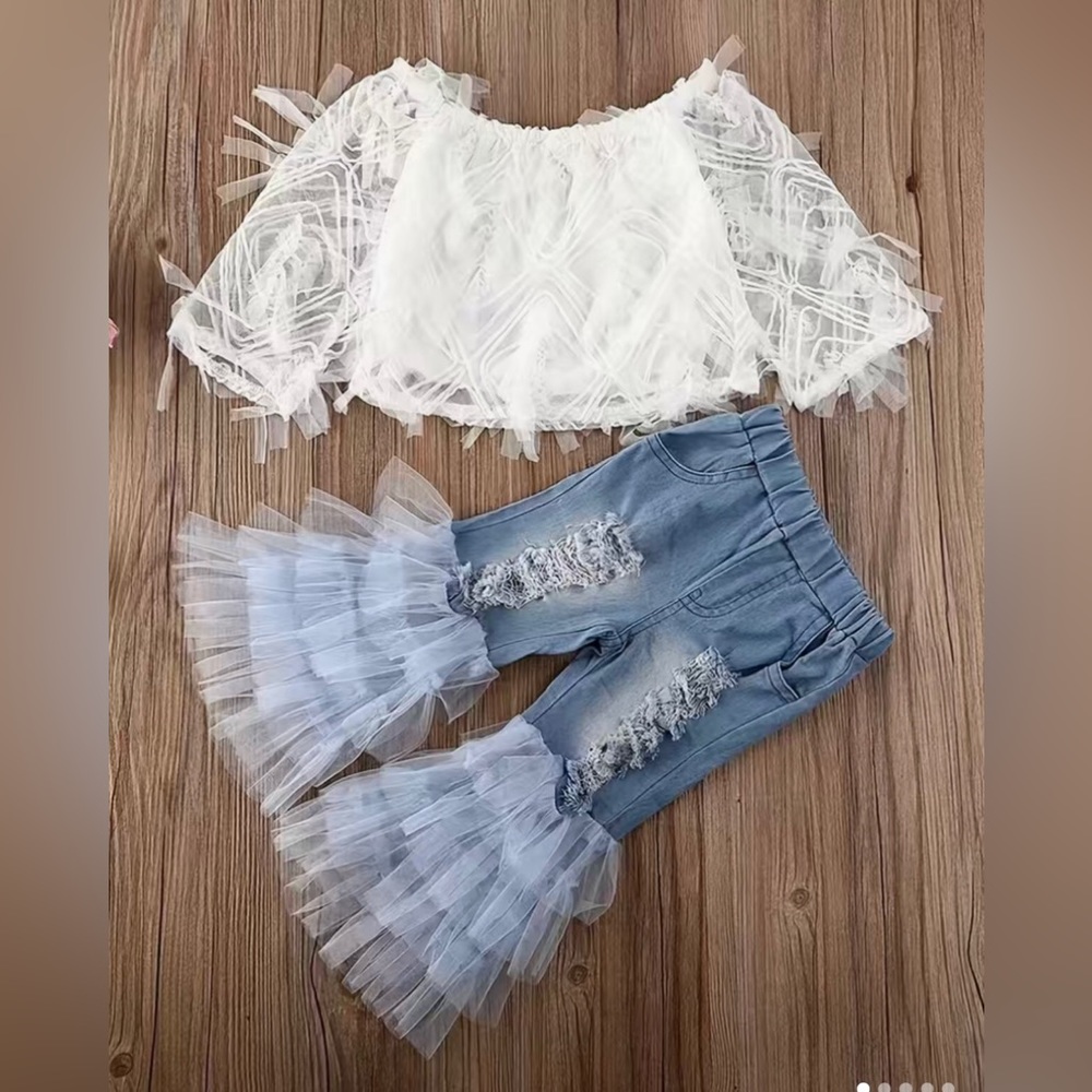 Girls Boutique Organza Top & Denim Organza Ruffle Bell Bottom Flare Pants